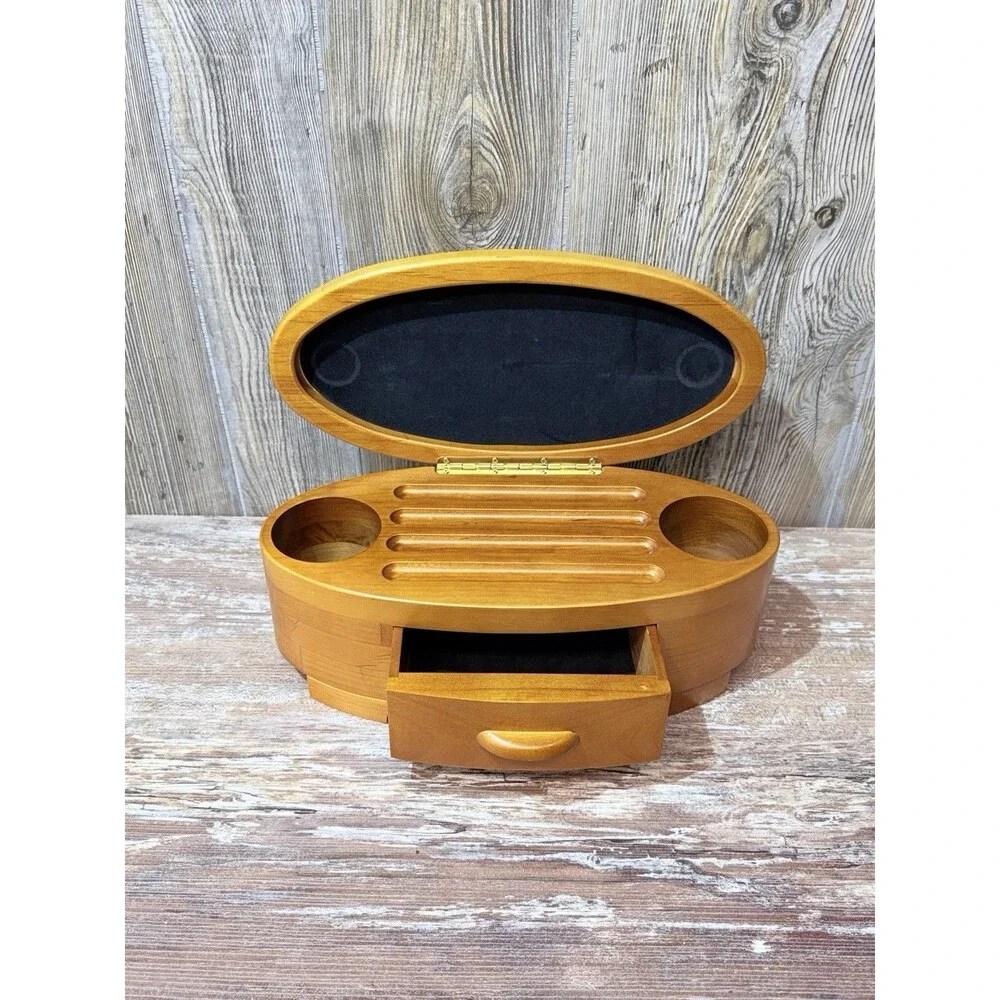 Levenger Ellipse, 4 Pen + 2 Ink Holder Oval Wooden Case, Vintage for Desk